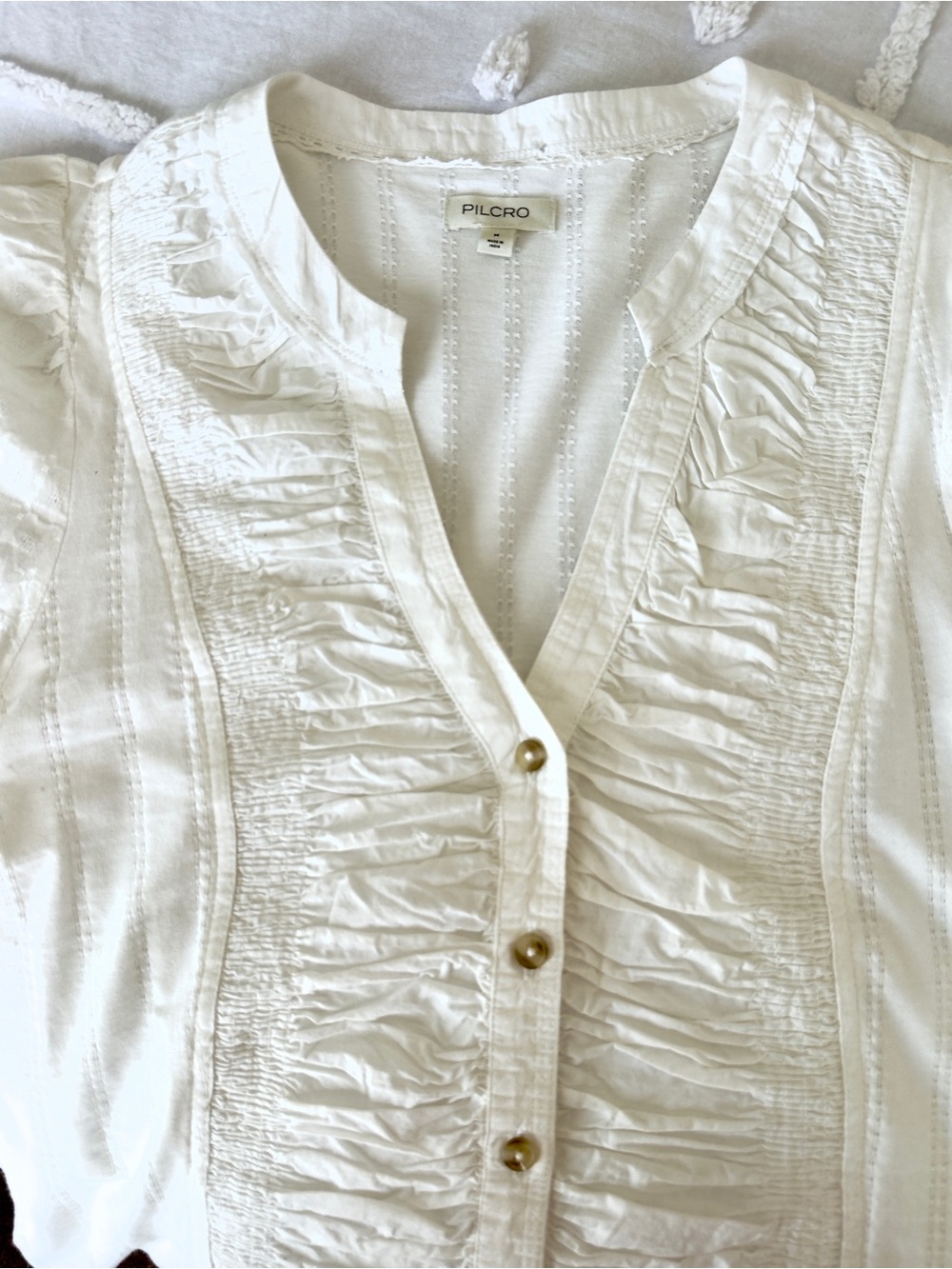 Women's Ivory Ruched Button-Front Top - Picture 8 of 9